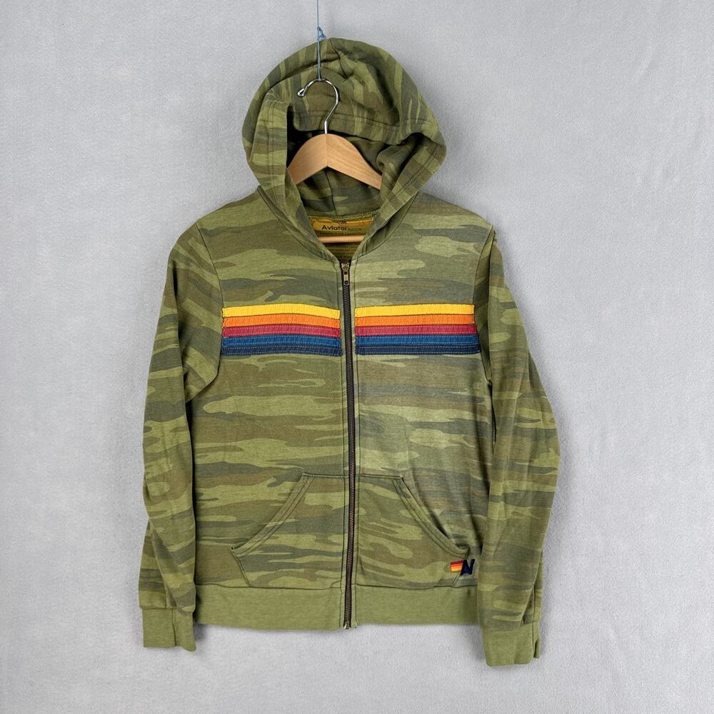Aviator Nation 5 Stripe Hoodie Womens Medium Green Camo Full Zip Fleece Rainbow